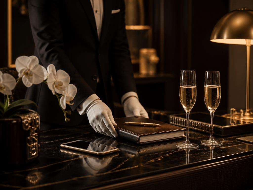 Beyaz eldivenli concierge, deri defter ve şampanya kadehleri