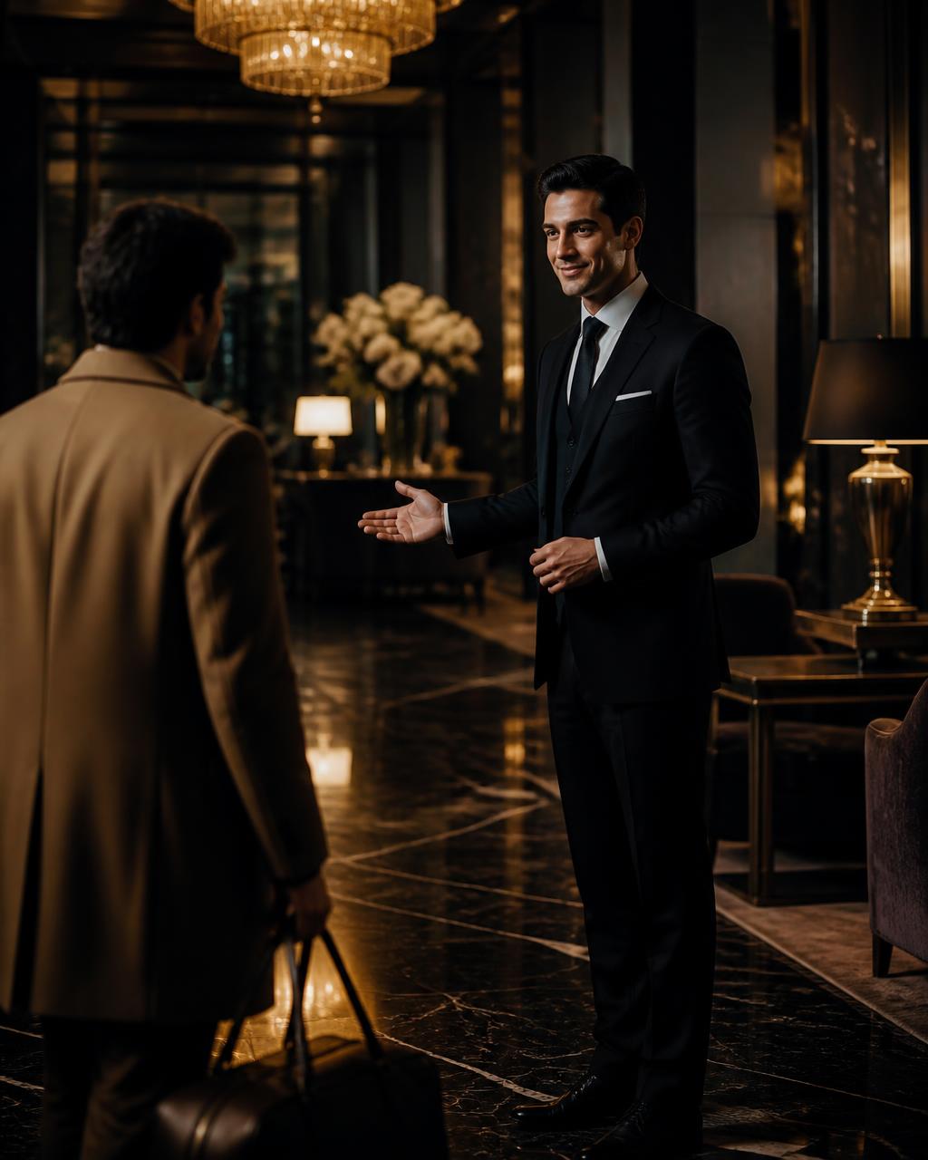 VIP concierge ekibi, lüks bir otel lobisinde misafir karşılıyor